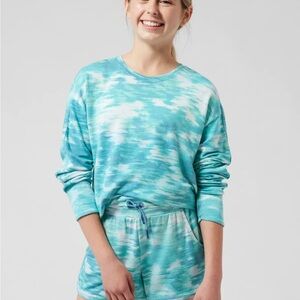 ATHLETA GIRL Set! Teal & White Long Sleeve Top + Shorts, Sz 14 XL - Like New!